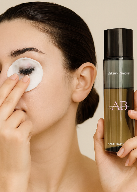 Woman applying makeup remover to her eye with a cotton pad, holding a bottle of AB Makeup Remover.