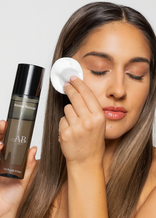 Woman applying skincare product with a cotton pad and holding a bottle labeled 'AB'.