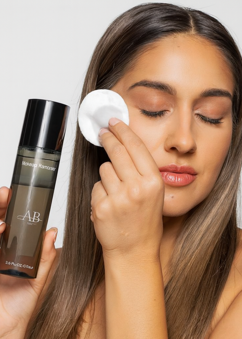 Woman applying skincare product with a cotton pad and holding a bottle labeled 'AB'.