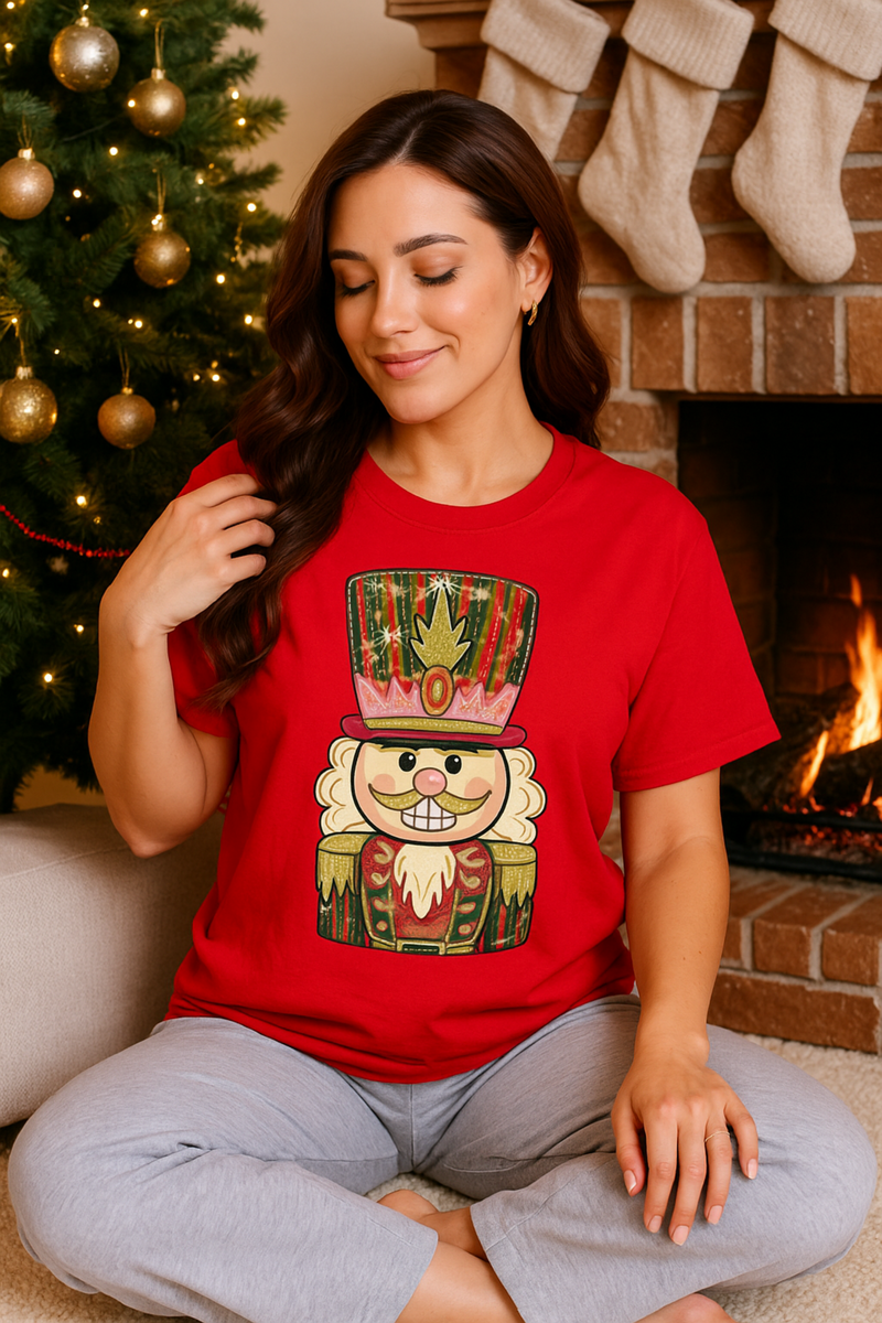 Woman wearing a red t-shirt with a nutcracker design in front of a Christmas tree and fireplace.
