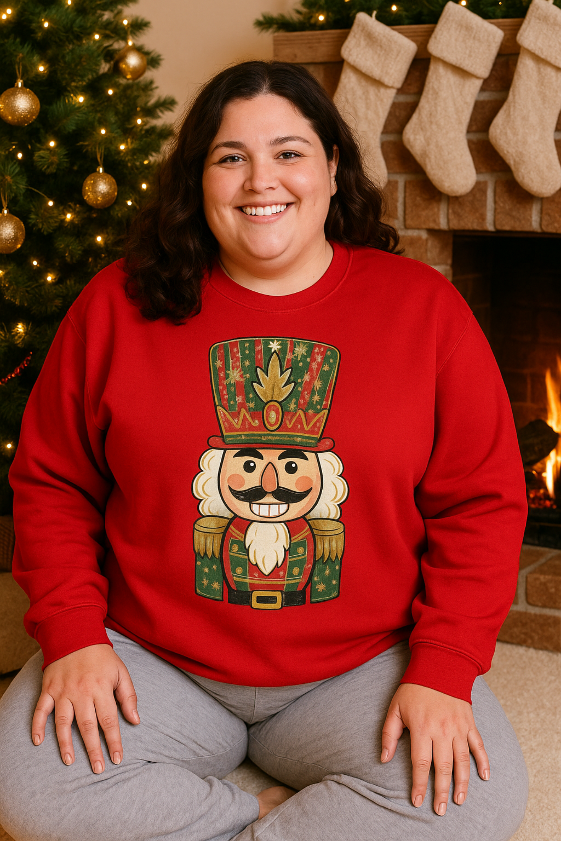 Person wearing a red sweatshirt with a nutcracker design in front of a Christmas tree and fireplace.