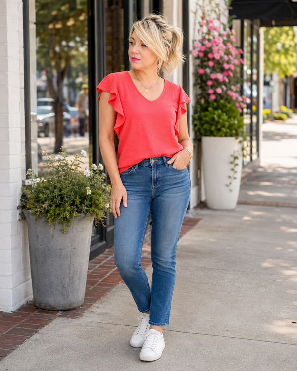A woman stands on a sidewalk wearing a coral pink ruffle-sleeve top, blue jeans, and white sneakers. The background shows a storefront with large windows, potted plants, and a street scene.