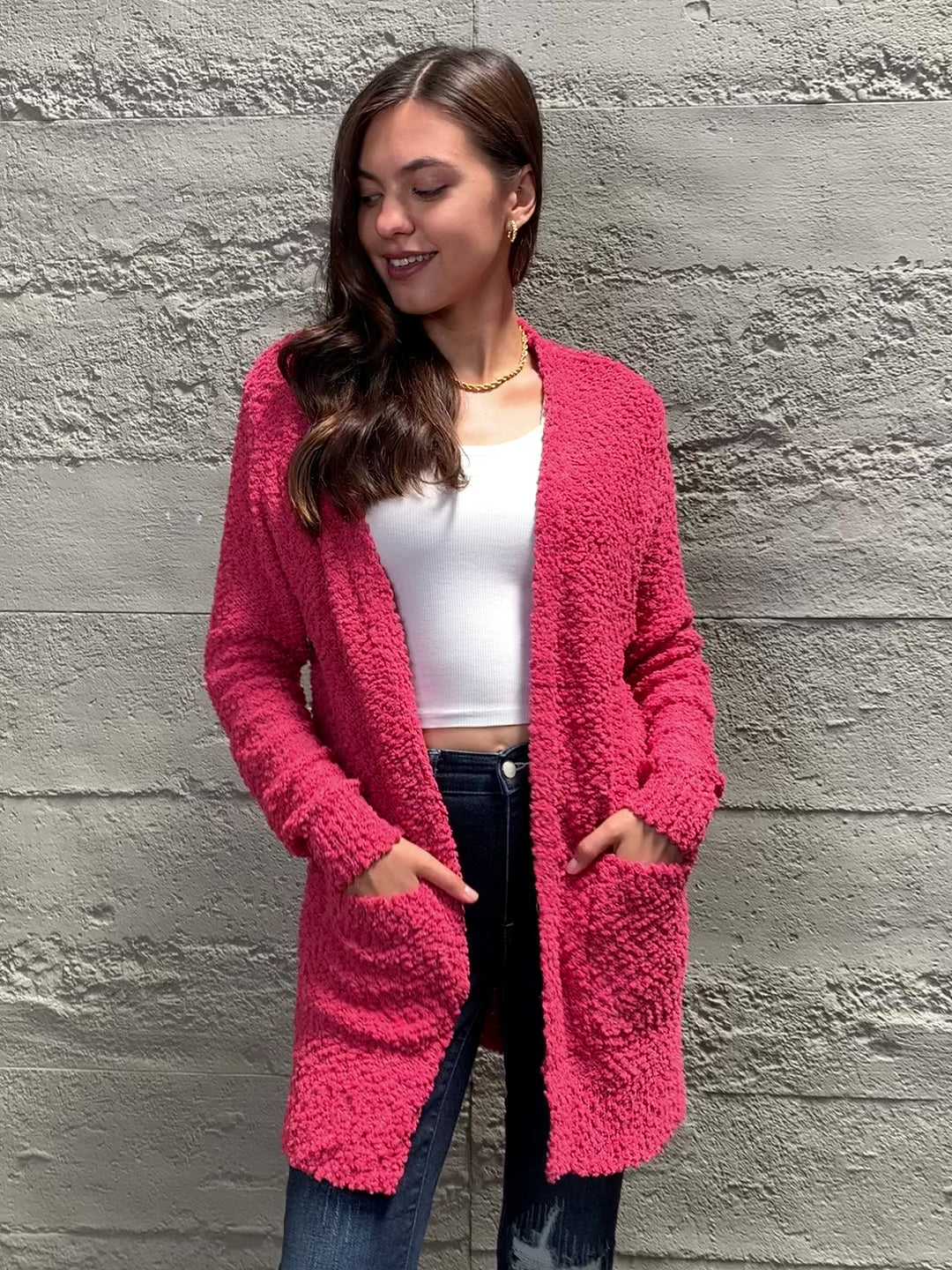 Falling For You Open Front Popcorn Cardigan in Strawberry