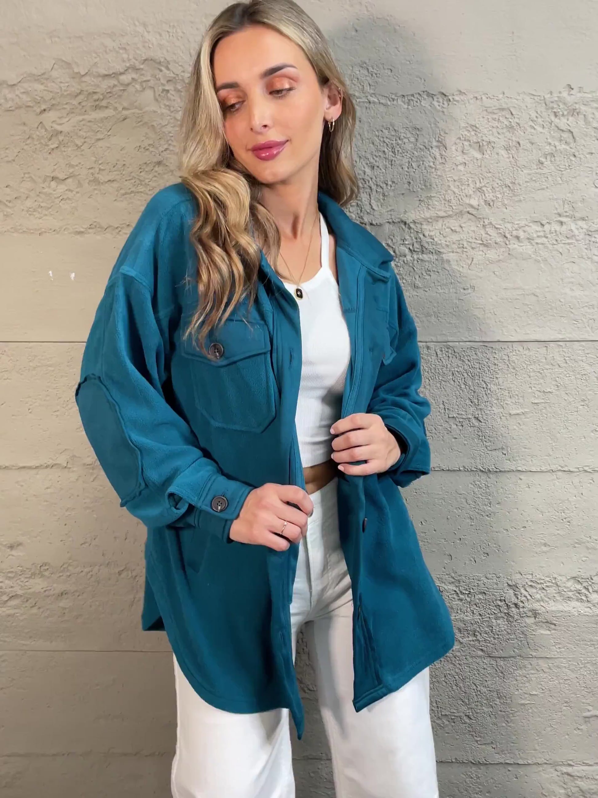 Cozy in the Cabin Fleece Elbow Patch Shacket in Teal