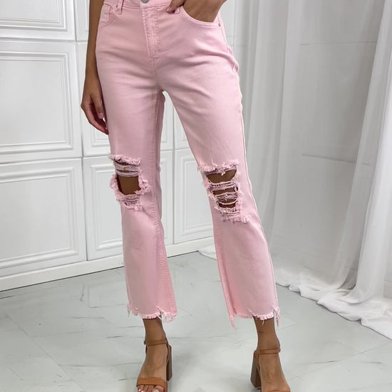 RISEN Miley Distressed Ankle Flare Jeans in Blush Pink