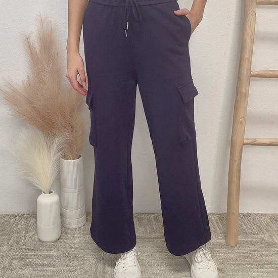 Drawstring Relaxed Cargo Wide Leg Pants in Navy