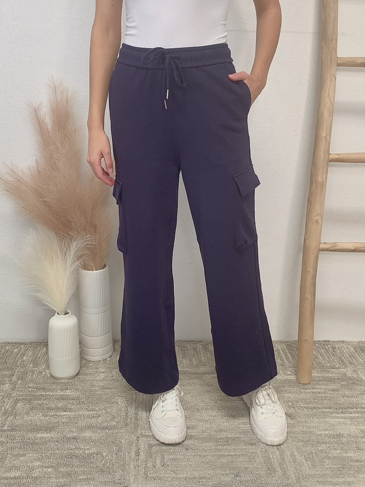 Drawstring Relaxed Cargo Wide Leg Pants in Navy