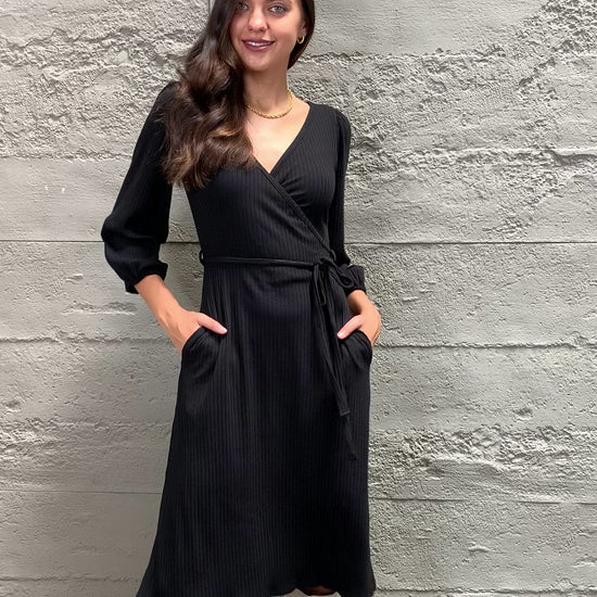 Surplice Flare Ruching Dress in Black