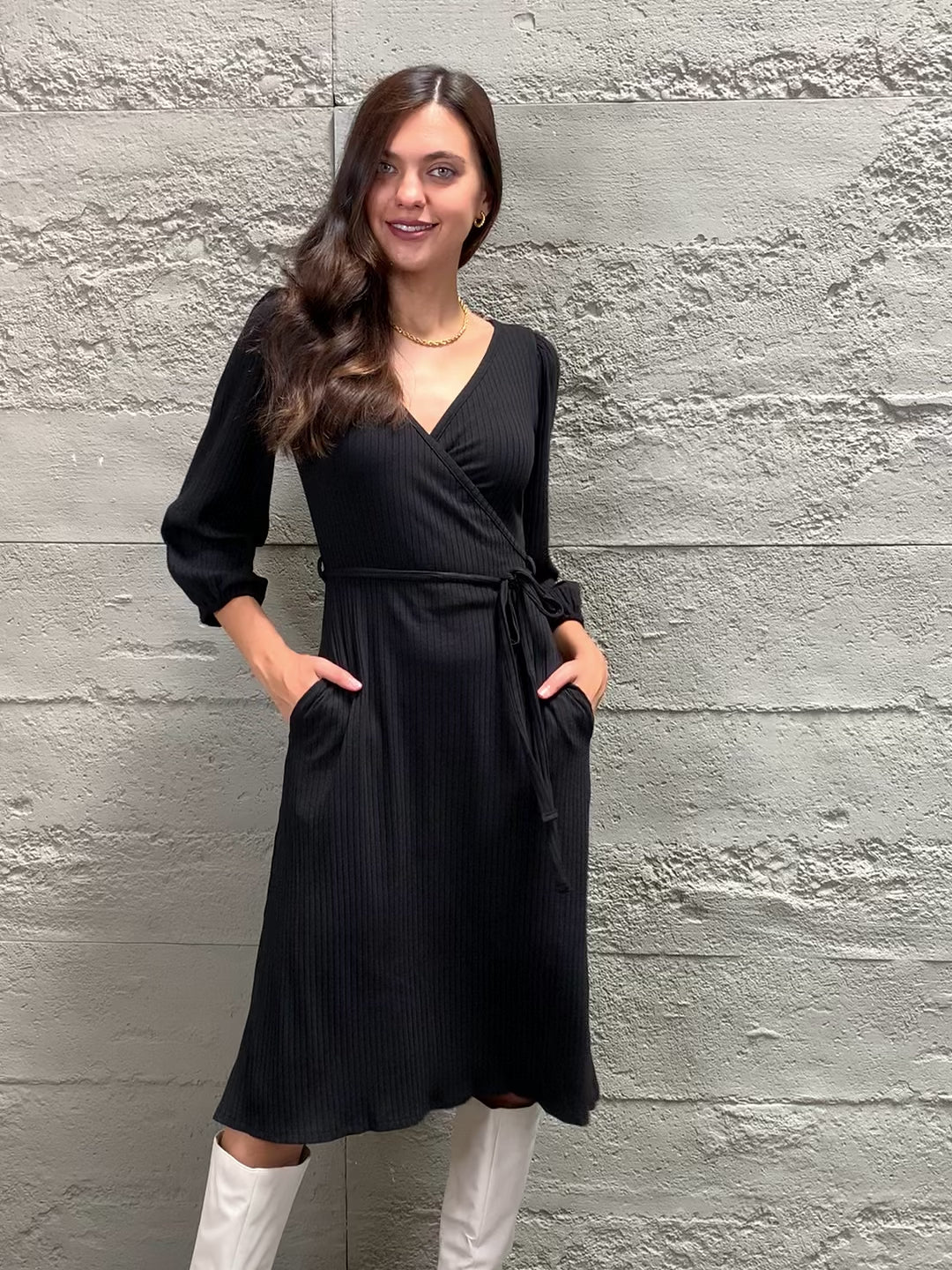 Surplice Flare Ruching Dress in Black