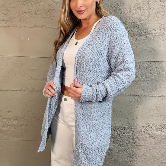 Falling For You Open Front Popcorn Cardigan in Pastel Blue