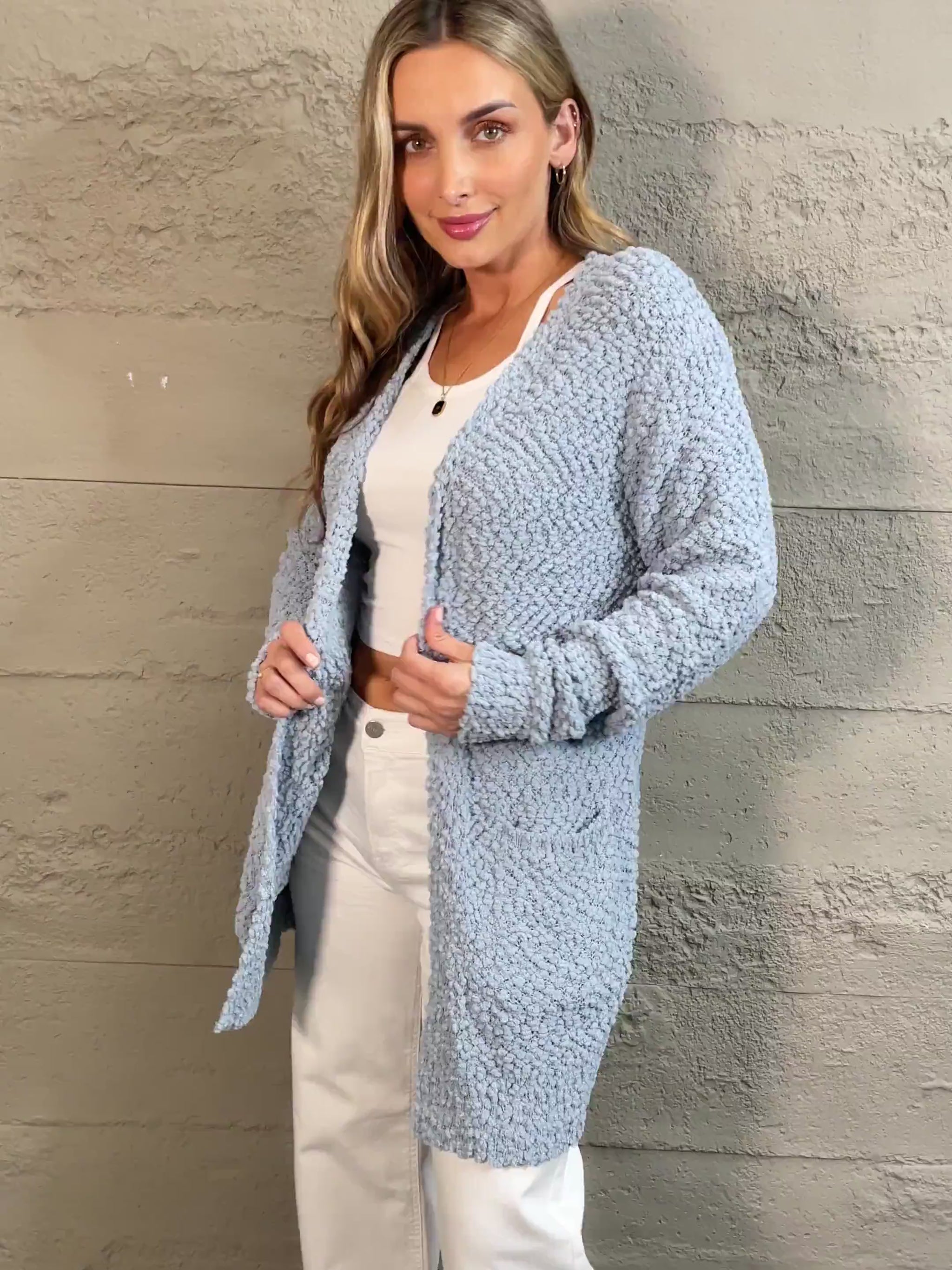 Falling For You Open Front Popcorn Cardigan in Pastel Blue