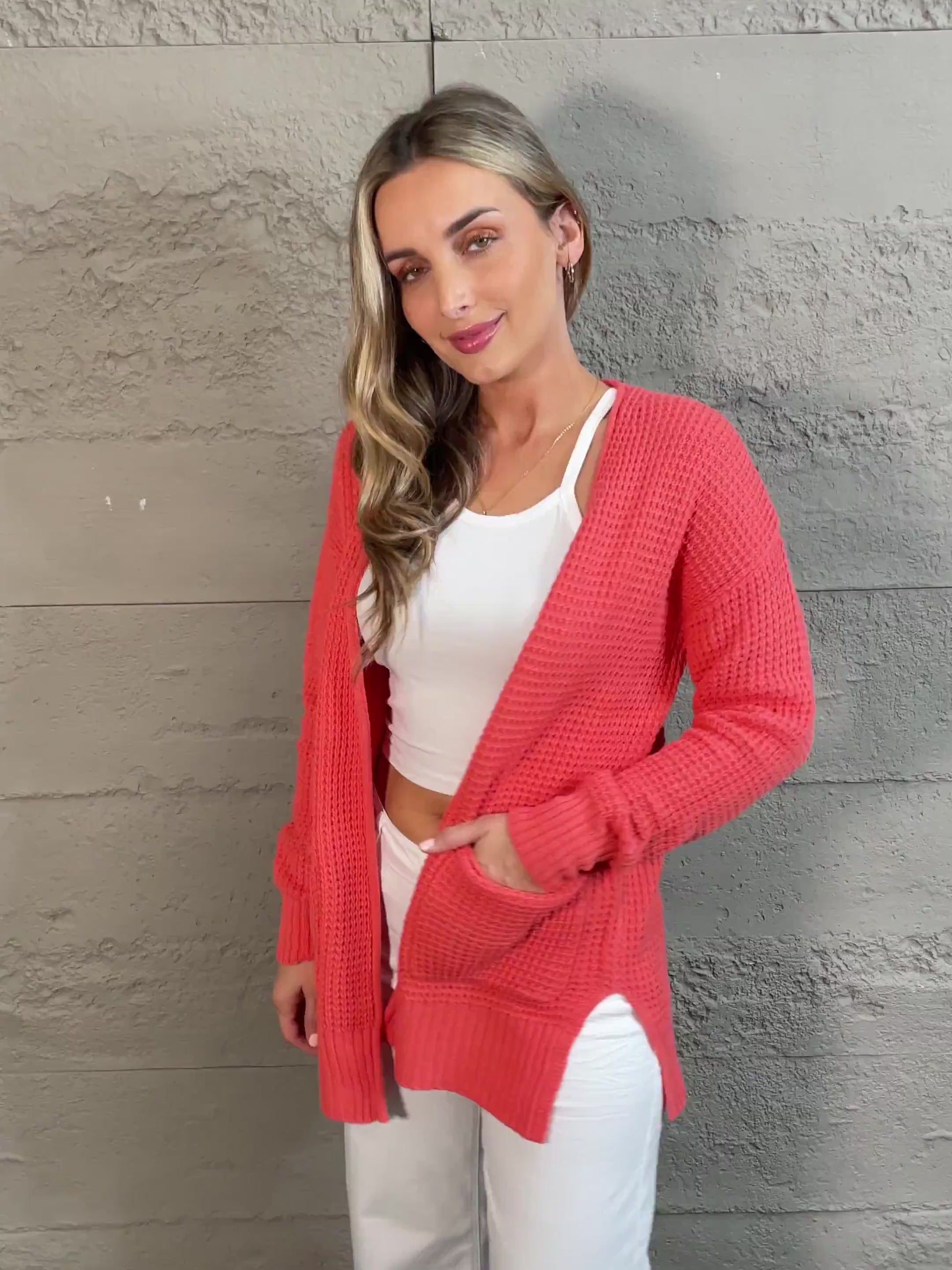 Bright & Cozy Waffle Knit Cardigan in Coral