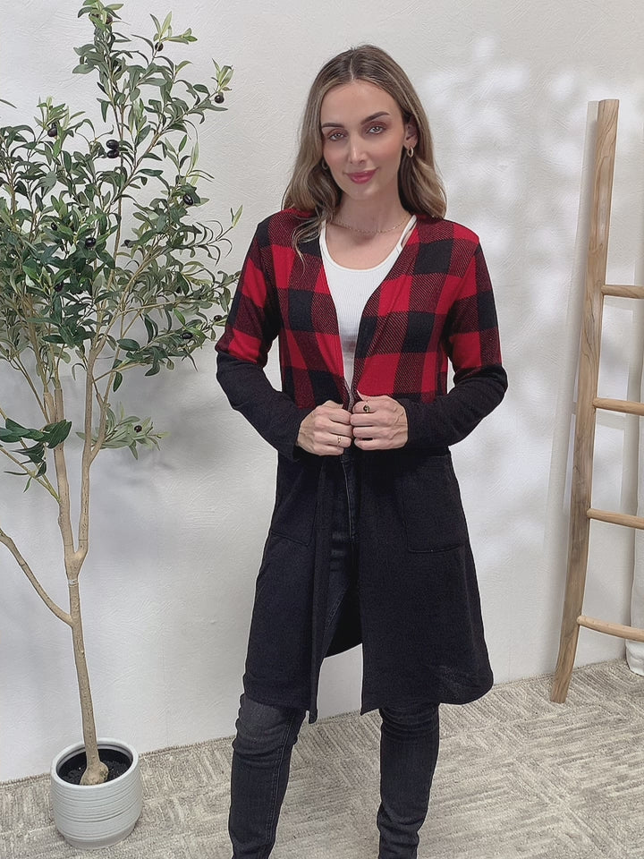 Black/Red Plaid Open Front Cardigan