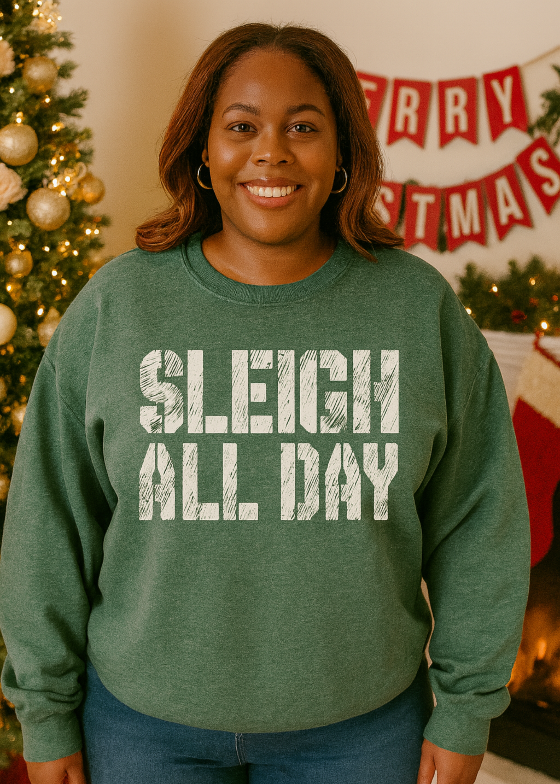 green sweatshirt with white words" sleigh all day" on a plus size model