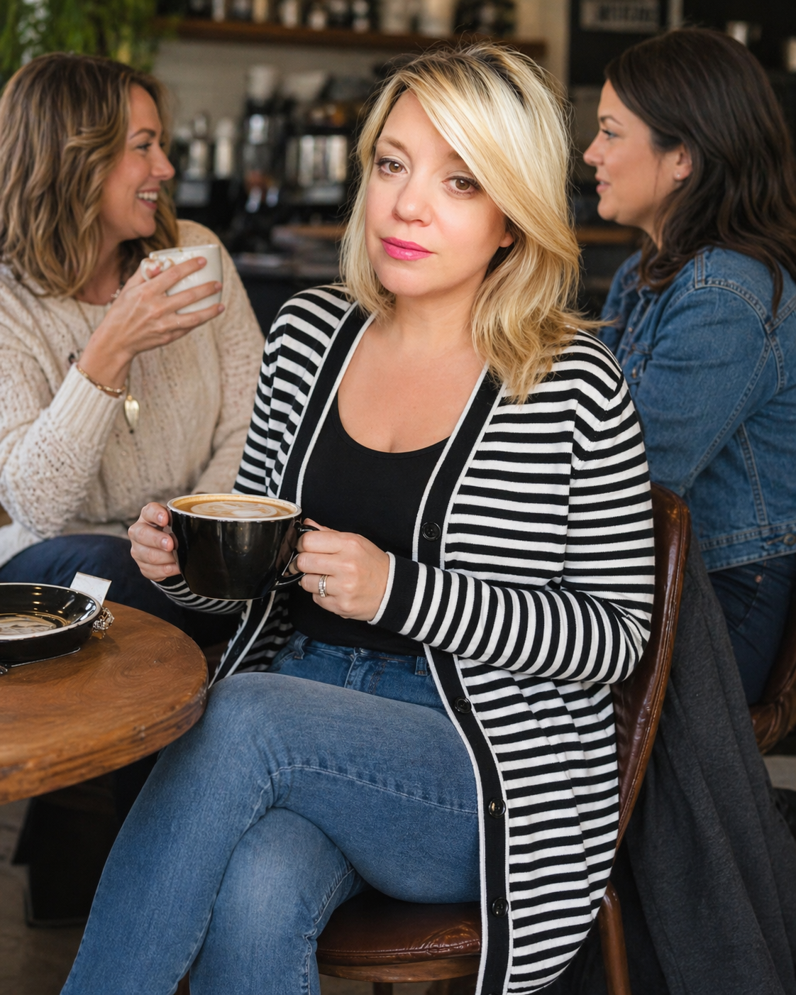 Woman in a striped cardigan holding a coffee cup in a cafe setting