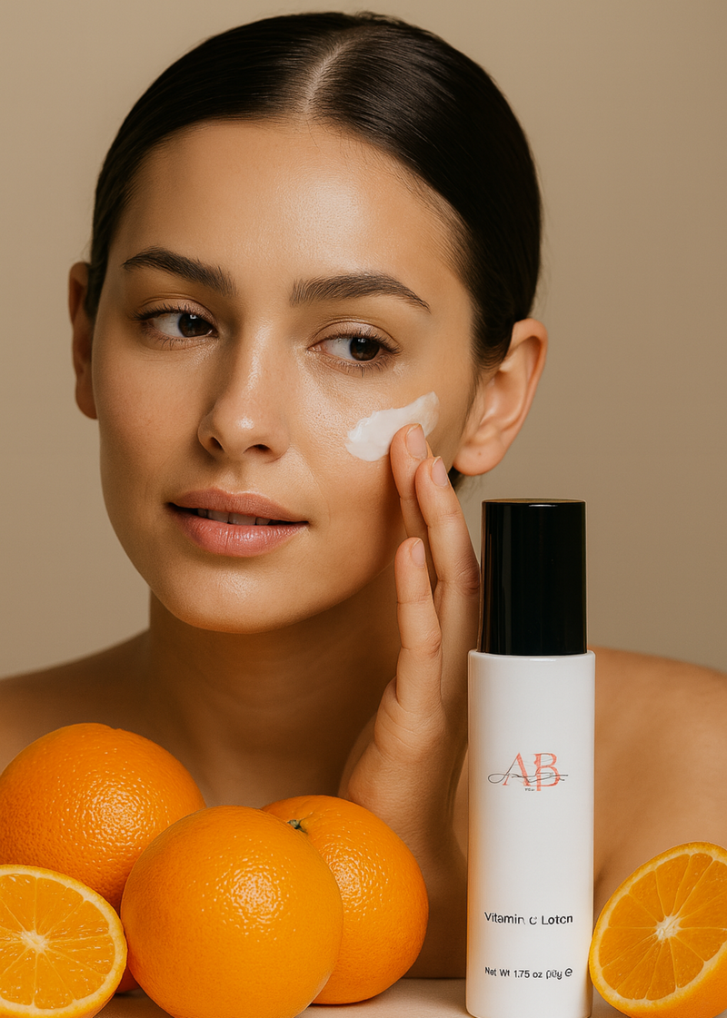 model putting vitamin c lotion on her face