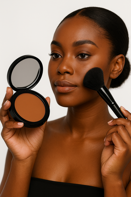 Woman holding a compact powder and brush against a neutral background