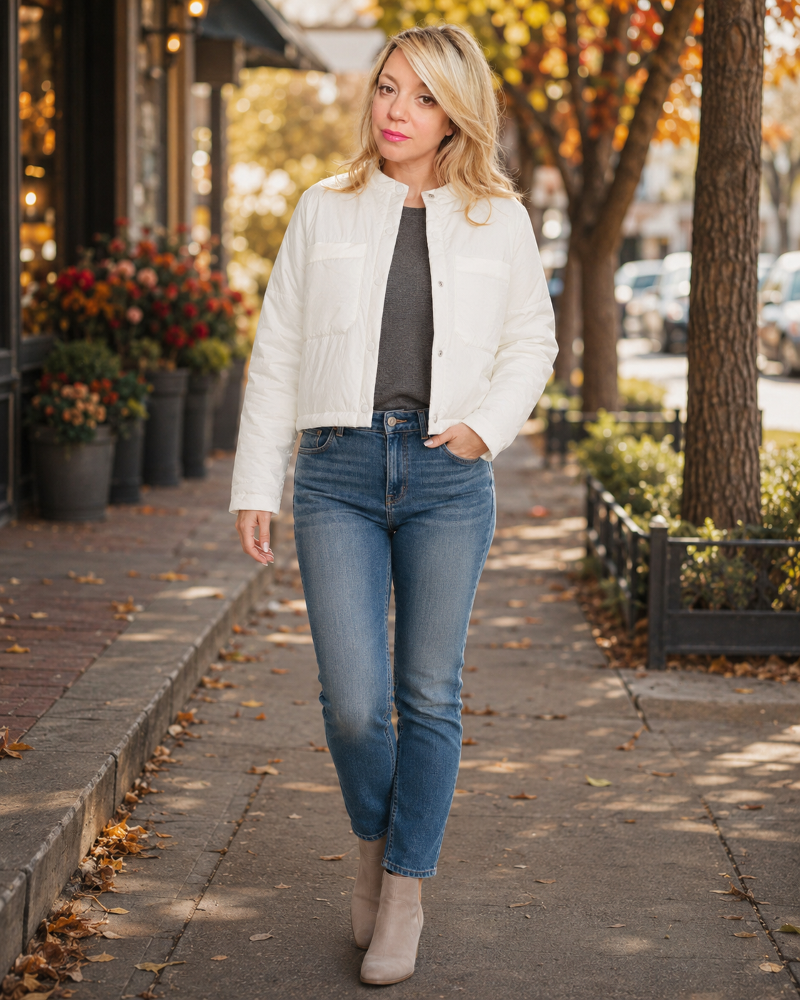 A woman walking on a city sidewalk wearing a white quilted jacket, a dark gray top, blue jeans, and beige ankle boots.