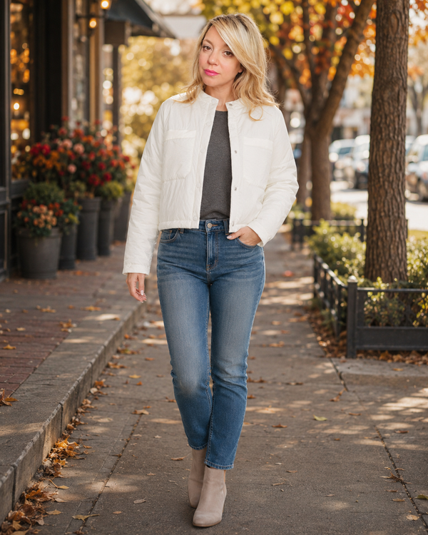 A woman walking on a city sidewalk wearing a white quilted jacket, a dark gray top, blue jeans, and beige ankle boots.