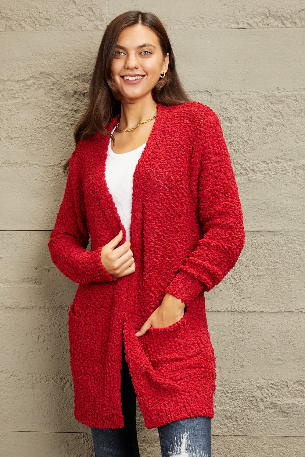 Falling For You Open Front Popcorn Cardigan in Red