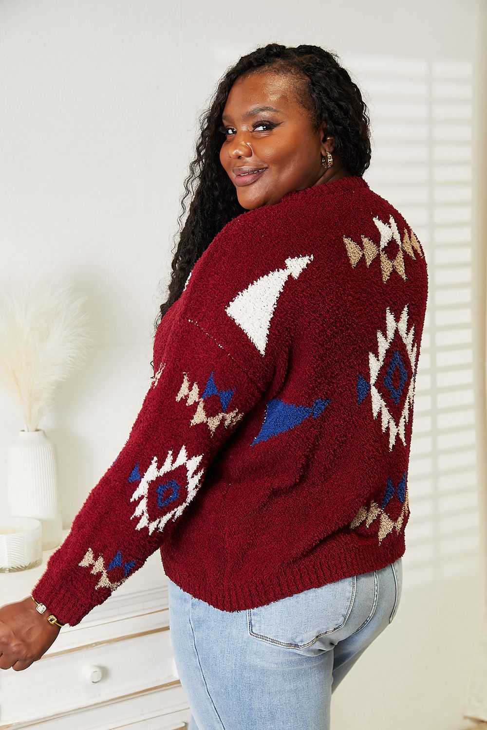 Aztec Soft Fuzzy Sweater in Wine