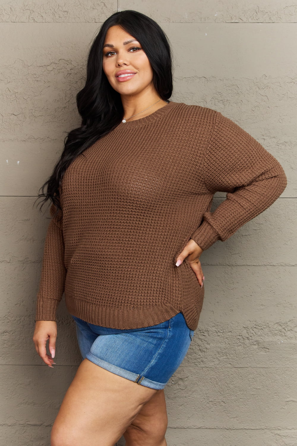 Breezy Days High Low Waffle Knit Sweater in Chestnut