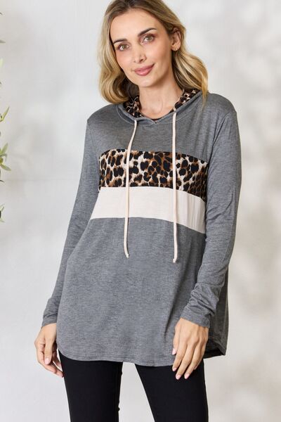 Leopard Color Block Drawstring Hoodie in Charcoal (MADE IN USA)