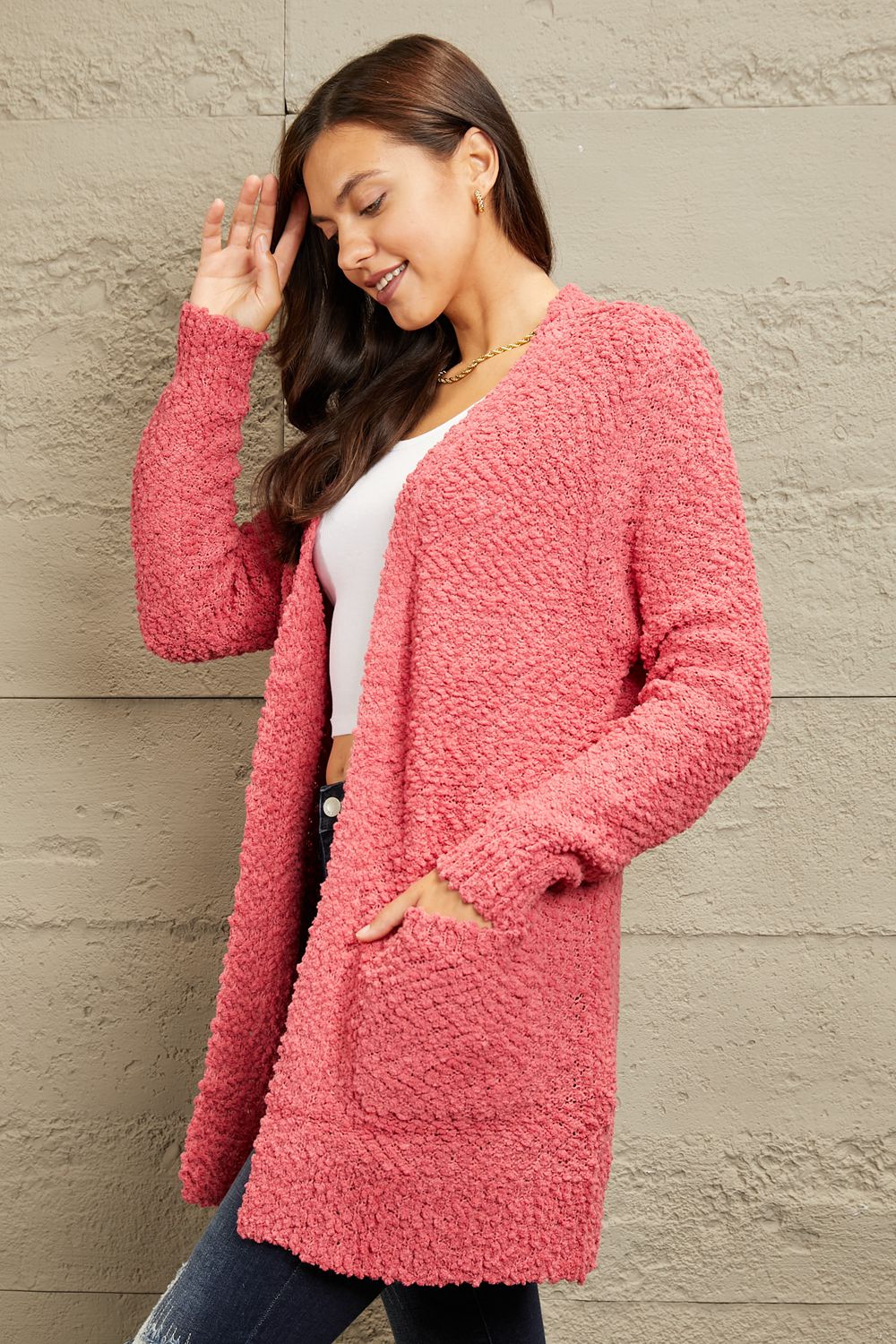 Falling For You Open Front Popcorn Cardigan in Strawberry