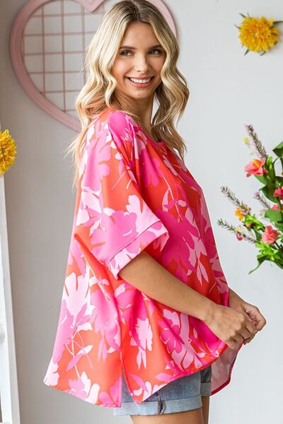 Coral Multi Slit Printed Round Neck Half Sleeve Blouse