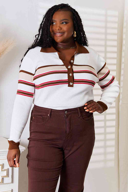Striped Collared Neck Rib-Knit Top in Beige