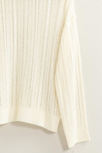 Wiped Cream Openwork Ribbed Trim Long Sleeve Knit Top