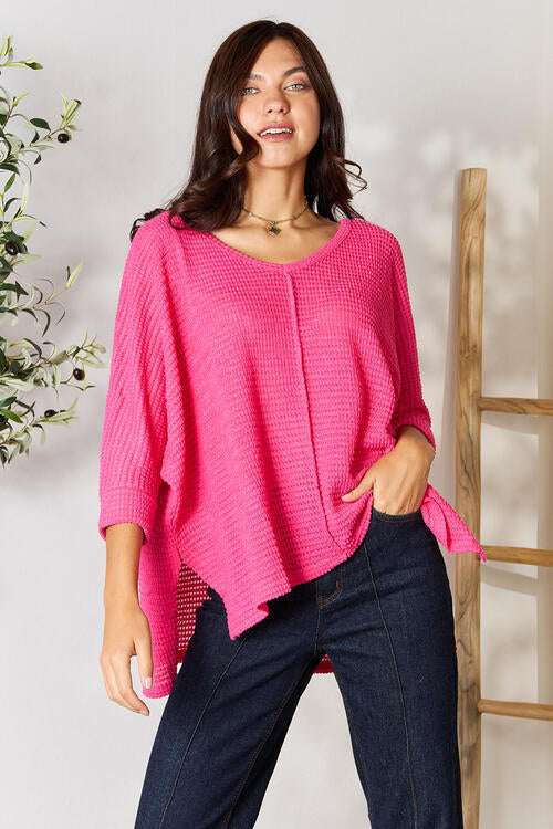 Fuchsia Round Neck High Low Slit Knit Top