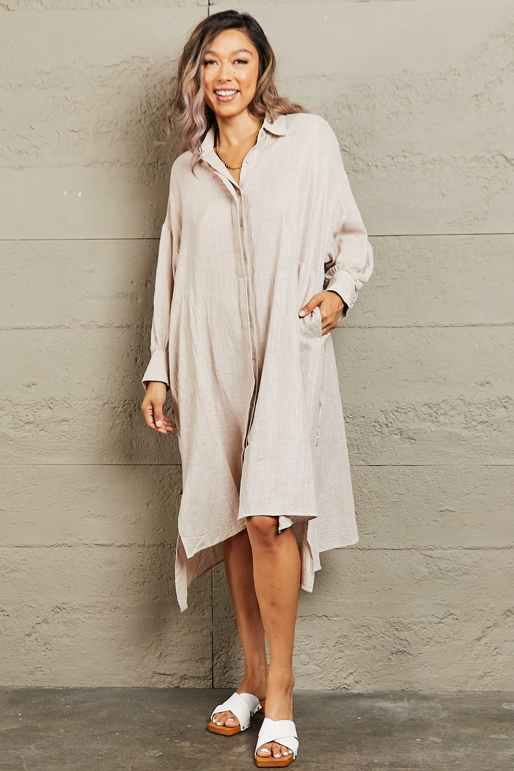 Hold Me Close Button Down Dress in Beige