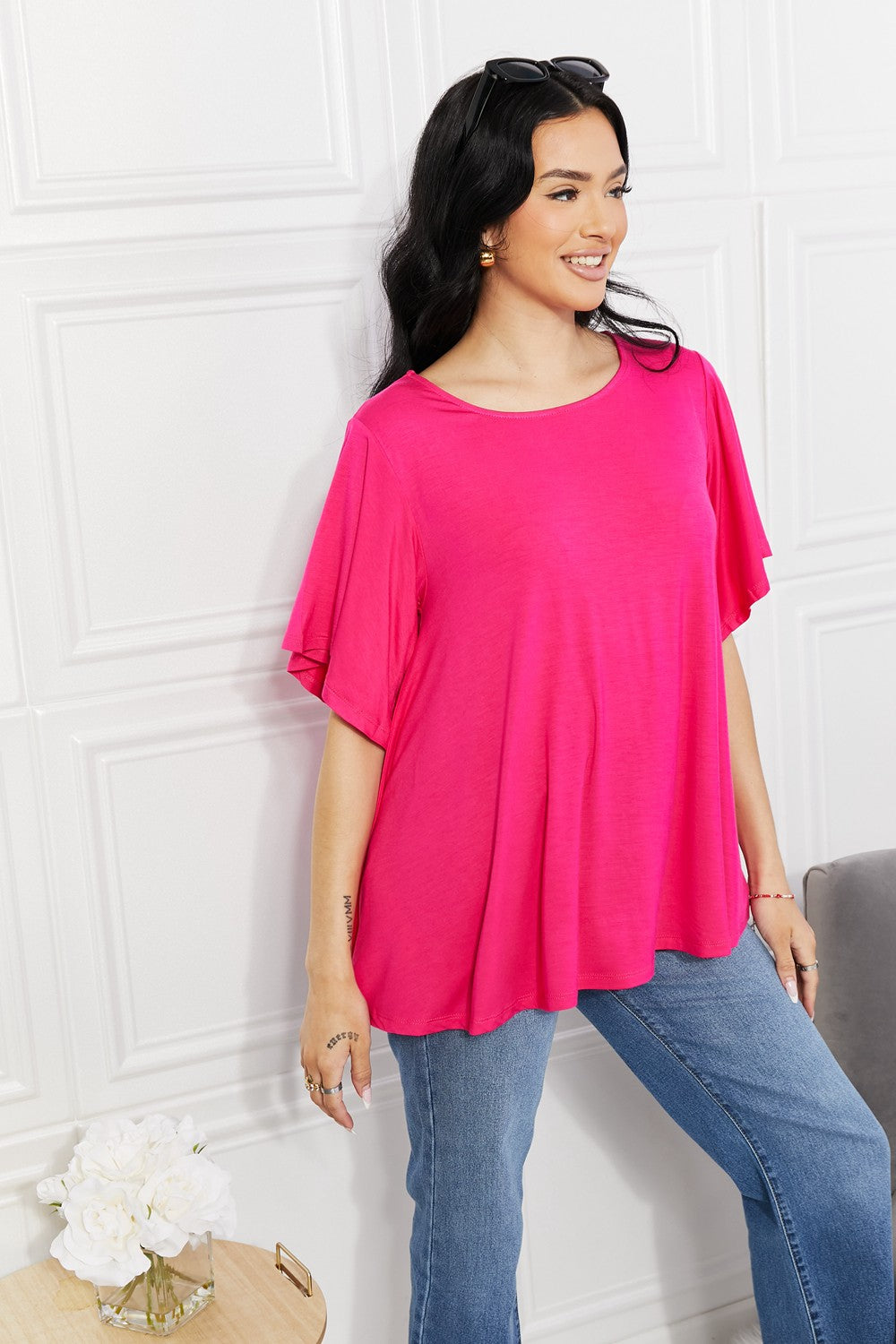 More Than Words Flutter Sleeve Top in Hot Pink