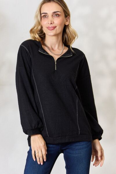 Half Zip Brushed Terry Long Sleeve Top in Black