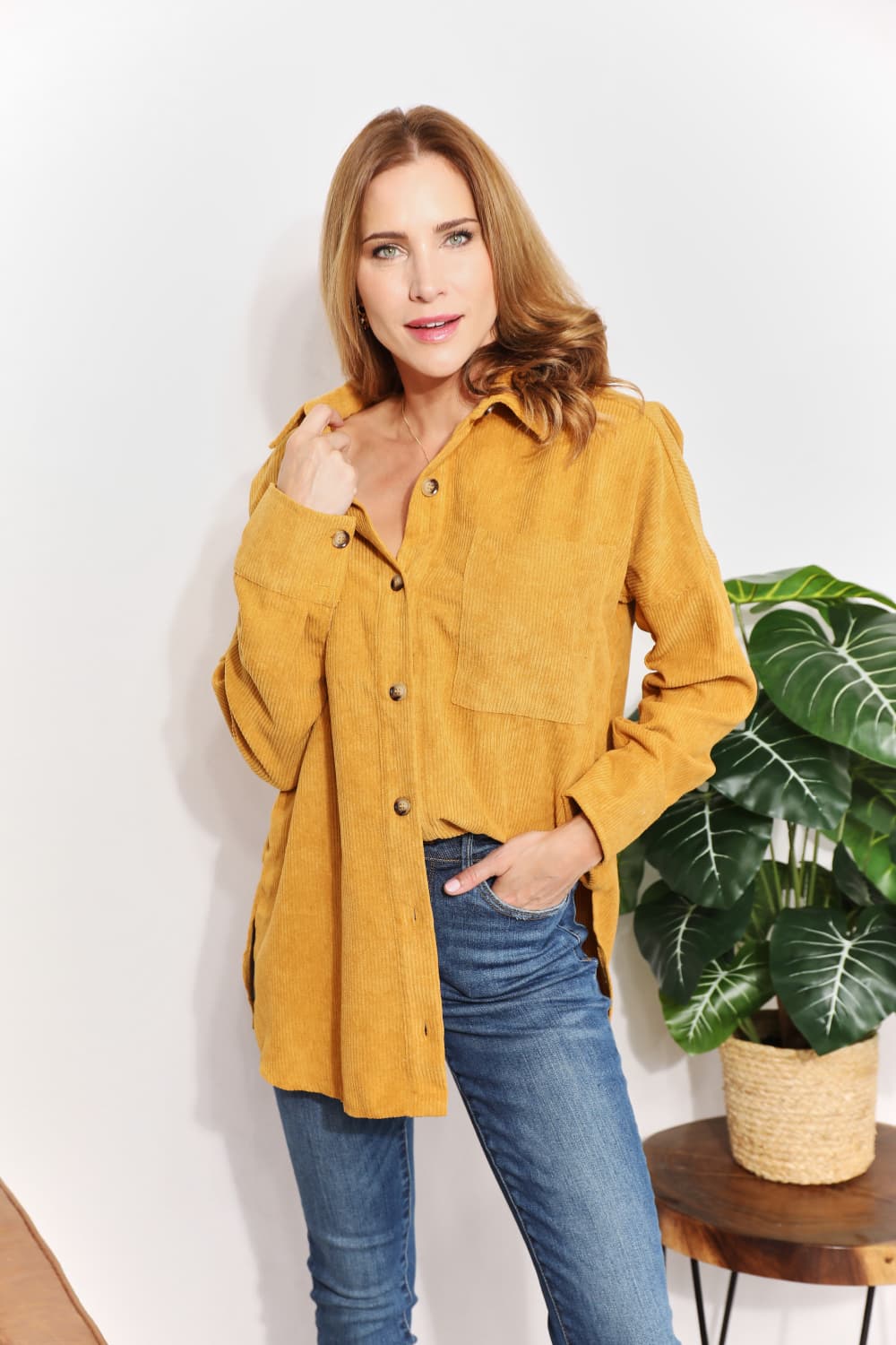 Oversized Corduroy  Button-Down Tunic Shirt with Bust Pocket in Mustard