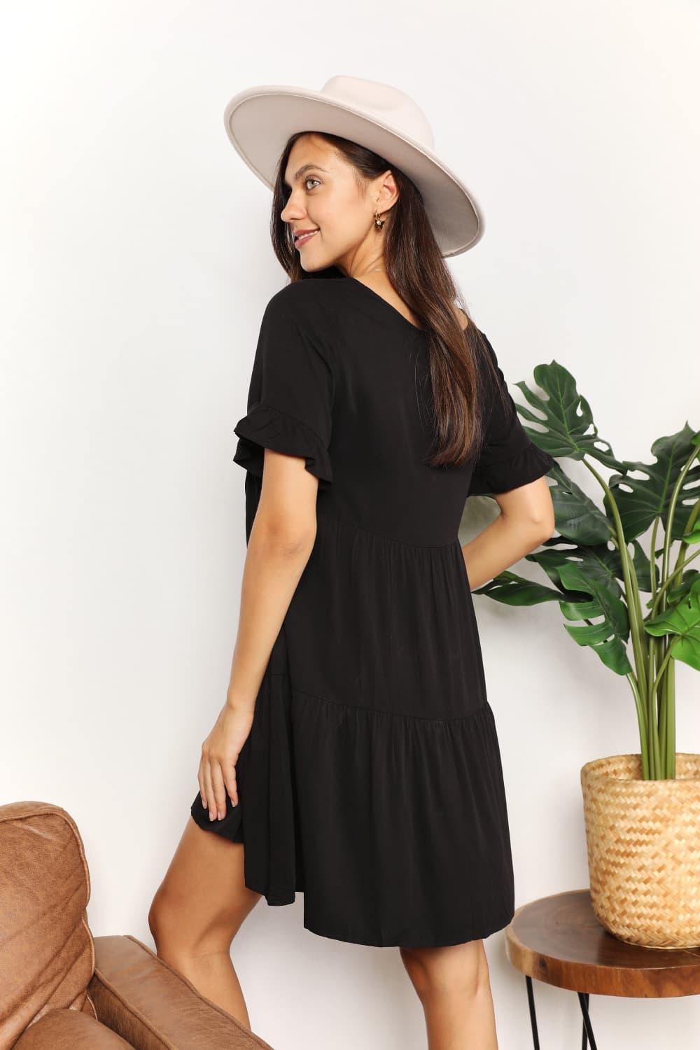 V-Neck Flounce Sleeve Tiered Dress in Black