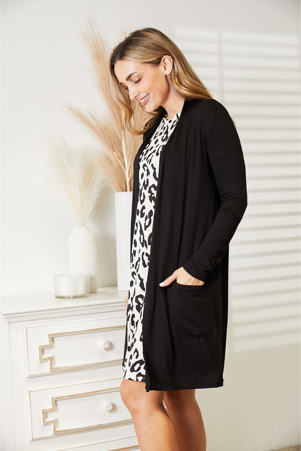 Open Front Longline Cardigan with Pockets in Black (MADE IN USA)