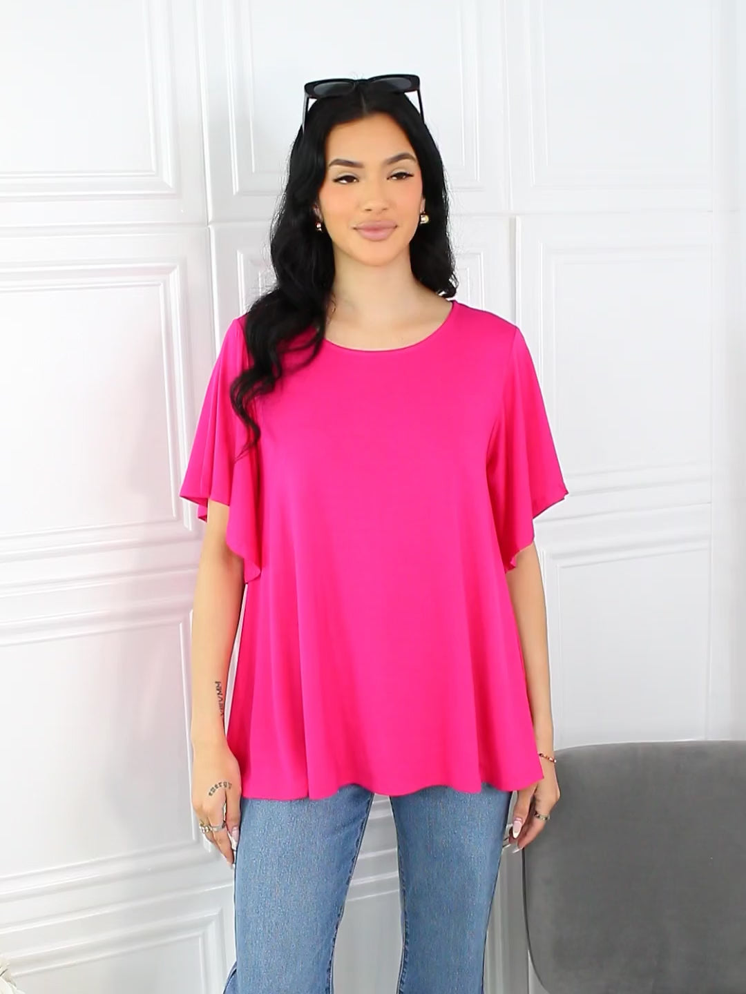 More Than Words Flutter Sleeve Top in Hot Pink