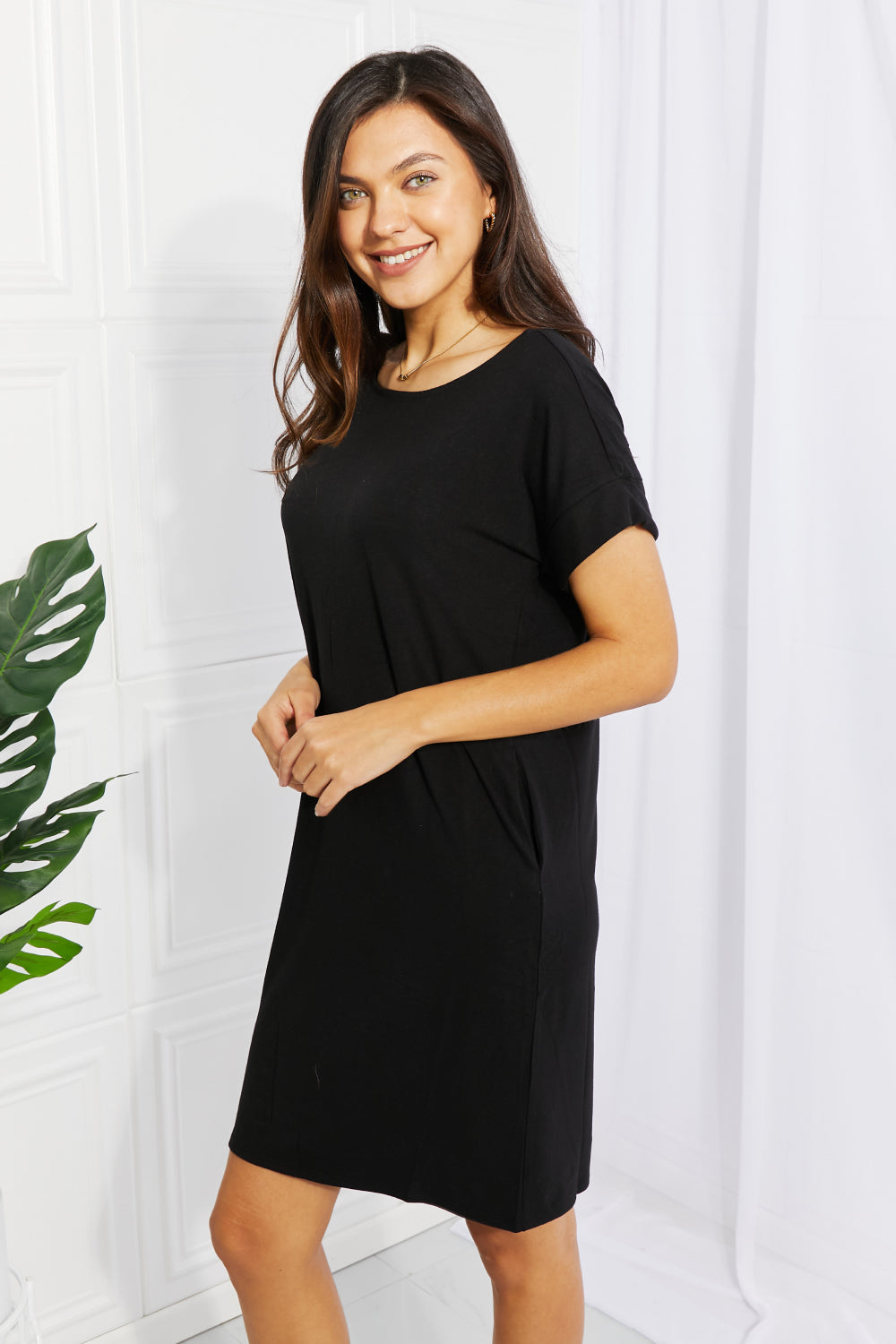 Chic in the City Rolled Short Sleeve Dress in Black