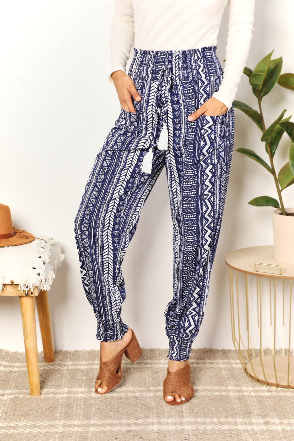 Geometric Print Tassel High-Rise Pants in Navy