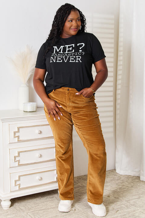 ME? SARCASTIC? NEVER Graphic Round Neck T-Shirt in Black