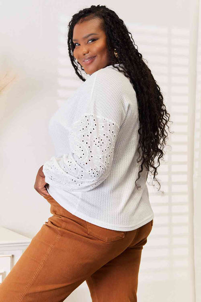 White Eyelet Dropped Shoulder Round Neck Blouse