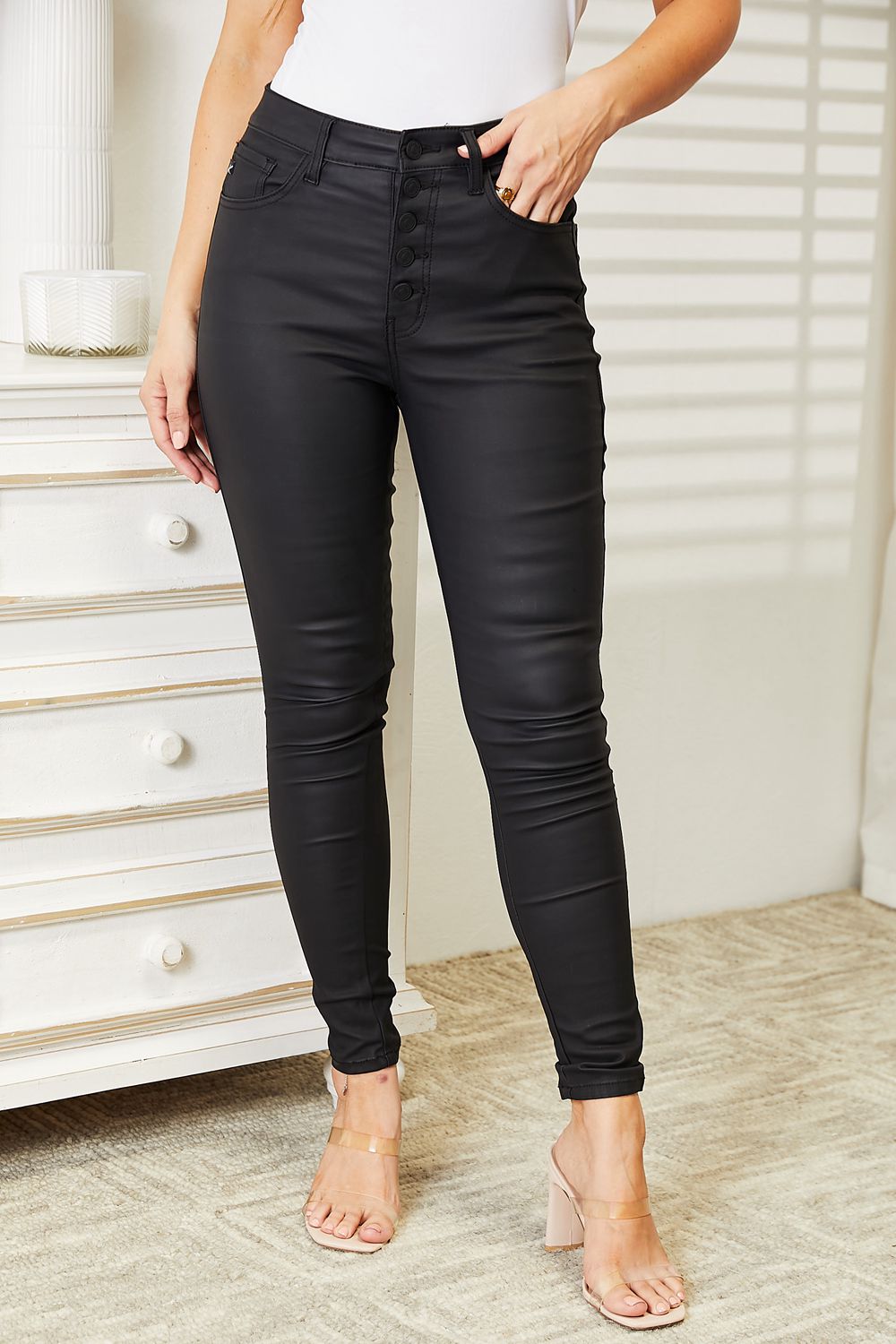 Kancan High Rise Black Coated Ankle Skinny Jeans in Black