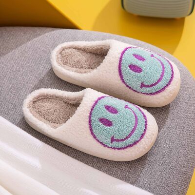 Smiley Face Slippers in White/Sky Blue