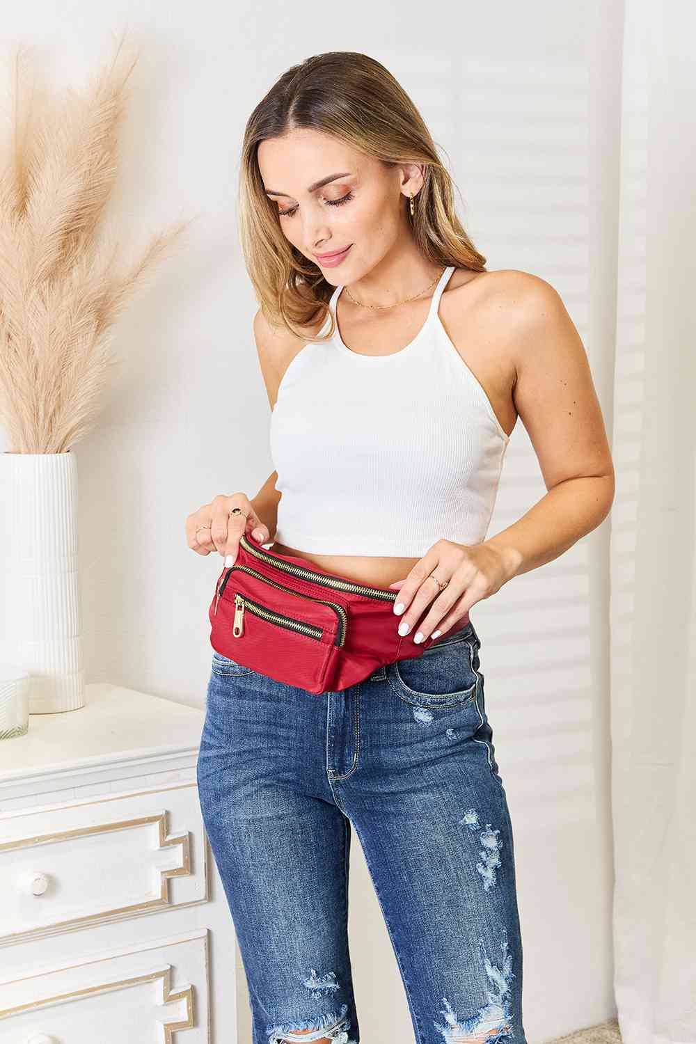 Deep Red Triple Pocket Nylon Fanny Pack