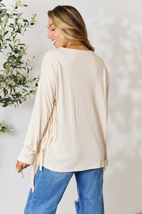 Fringe Detail Long Sleeve Top in Ivory (MADE IN USA)