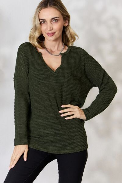 Popcorn Waffle Long Sleeve Top in Olive