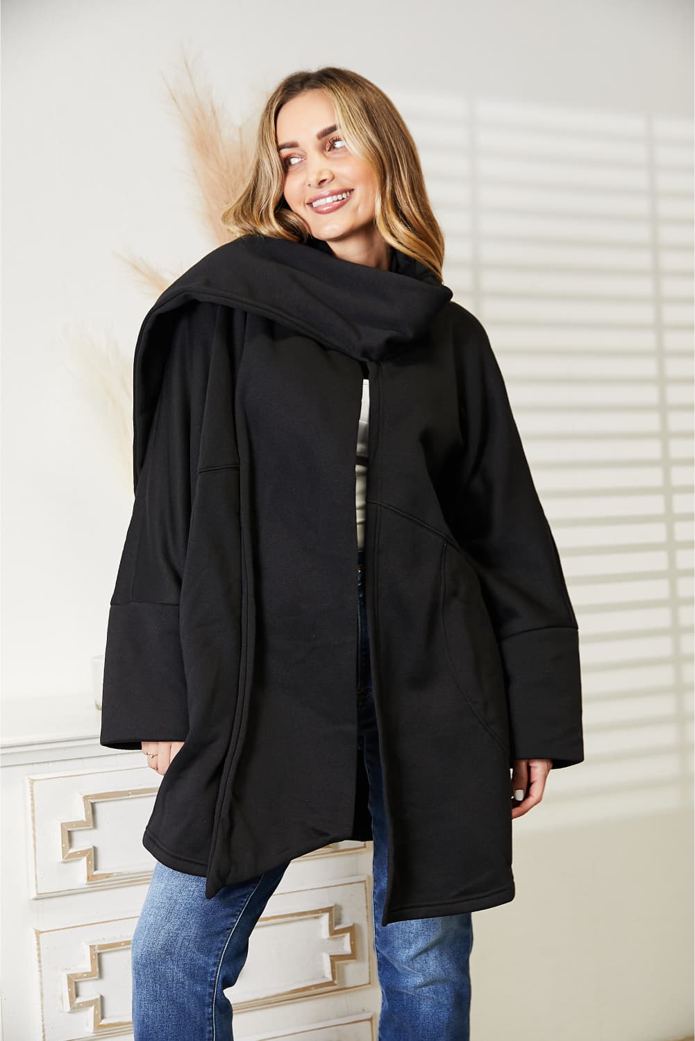 Open Front Cardigan with Scarf Design in Black