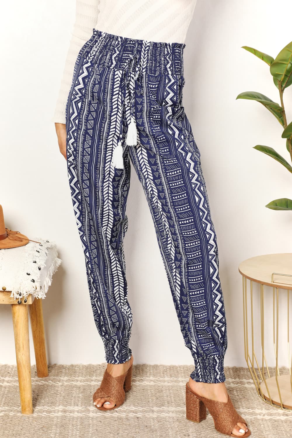 Geometric Print Tassel High-Rise Pants in Navy